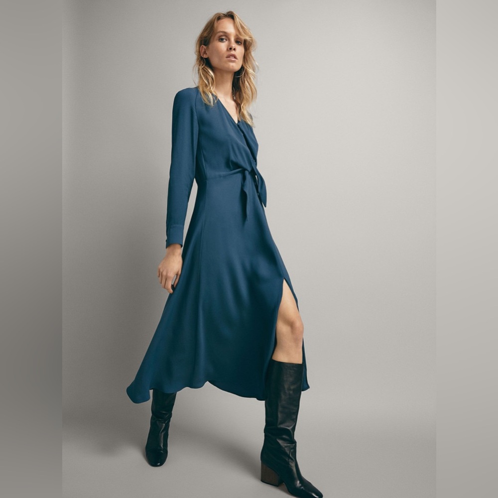 Massimo Dutti Front Knot Long Sleeve Teal Dress